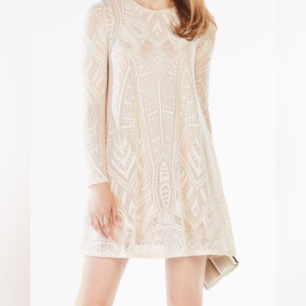 BCBGMaxAzria Natyly Long Sleeve Geometric Lace Swing Midi Dress in Cream/Tan, XS